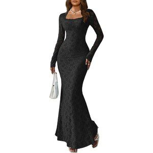 Women Black Dress Elegant Square Neck Long Sleeve Floral Lace Sexy Wedding